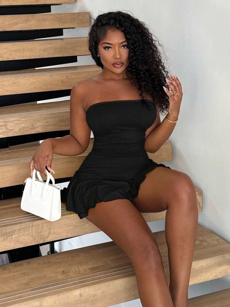 Alexandranx 女士純色簡約無肩跨條連體褲，荷葉邊裝飾，適合日常穿著 - 黑色 - 查看 1