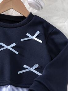 Genkimix Kids 2pcs/Set Girls' Korean Style Loose Fit Floral Print Sweatshirt With Bow Decor - Navy Blue - View 6