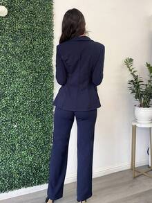 Andrea Bello 3 件套：深蓝色长袖西装外套、背心和裤子，性感通勤和约会装，秋冬 - 藏蓝色 - 查看 2