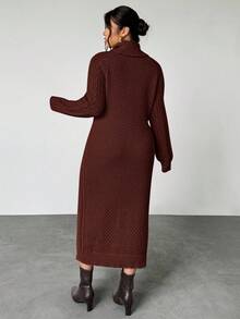 Firerie 女士纯色休闲圆领毛衣裙中长款毛衣裙毛衣裙女士高领连衣裙粗针织连衣裙针织裙秋冬 - 咖啡棕 - 查看 2