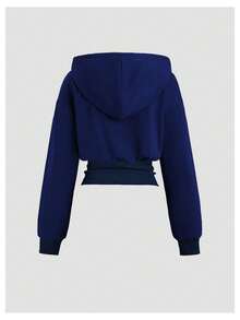 Sweetra Women's Brown Hooded Cinched Waist Long Sleeve Sweatshirt, Autumn/Winter - Royal Blue - View 2