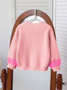 SHEIN Vintaside Kids 1 件柔软、亲肤、耐用、抗起球可爱 3D 蜜蜂和花朵装饰鲜艳可爱的黄色圆领毛衣，撞色黄色袖子设计，轻盈的秋冬女童毛衣，适合日常、休闲、学校、购物场合 - 粉色 - 查看 2