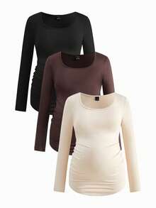 Modmama Maternity Solid Color Square Neck Long Sleeve Ruched Fitted T-Shirt Pregnancy Clothing Maternity Tops Pregnancy Shirts Curve Maternity Clothes Maternity Shirts For Women