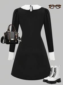 SHEIN Explorewe Girls'Peter Pan Collar Polka Dot Print Dress, Black Gothic Dress For Girls, Suitable For Commuting, Outings, Performances And Parties, Autumn/Winter - Black - View 2