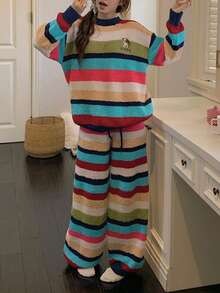 DAZY 2件套女士小狗印花彩色条纹宽松针织长袖上衣和裤子睡衣套装，秋冬季 - 彩色 - 查看 7