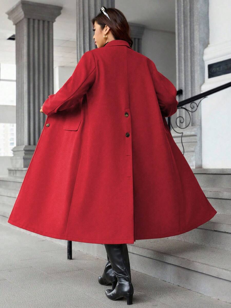 Calvaya Plus Size Women's Solid Color Slit Button Long Overcoat, Autumn/Winter - Red - View 1