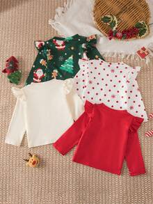 SHEIN 4pcs Merry Christmas Tree Pattern Baby Girls Fashion Tops, Colorful Print, Autumn/Winter - Multicolor - View 2