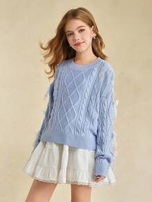 青少年女孩法式时尚风格，浅蓝色3D手工蝴蝶结装饰圆领毛衣，秋冬 - 淺藍色 - 查看 3