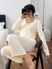 SHEIN Bộ 3 áo thun tay dài dệt kim màu trơn thường ngày cho nữ + áo hai dây + quần dài ngủ, quần áo mùa thu đông - Màu vàng - Xem 6