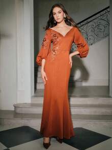 Anewsta Neues elegantes Off-Shoulder Kleid mit Applikationen und Fischschwanz, geeignet für Herbst, Winter, Neujahr, Partys, Hochzeiten, elegant, schick, stilvoll, Weihnachten, Feste - Braun - Übersicht 2