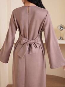 Veilorie 女士纯色简约休闲圆领长袖阿拉伯风格连衣裙 - 粉色 - 查看 5