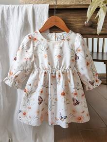 Vintaside Kids Baby Girl 3D Bow, Floral Printed Long Sleeve Dress, Autumn Clothing For Baby Girl, Baby Girl's Outdoor Wear, Country Style, Layered, Versatile, 3 Months To 3 Years Old Girl Clothing - Multicolor - View 1