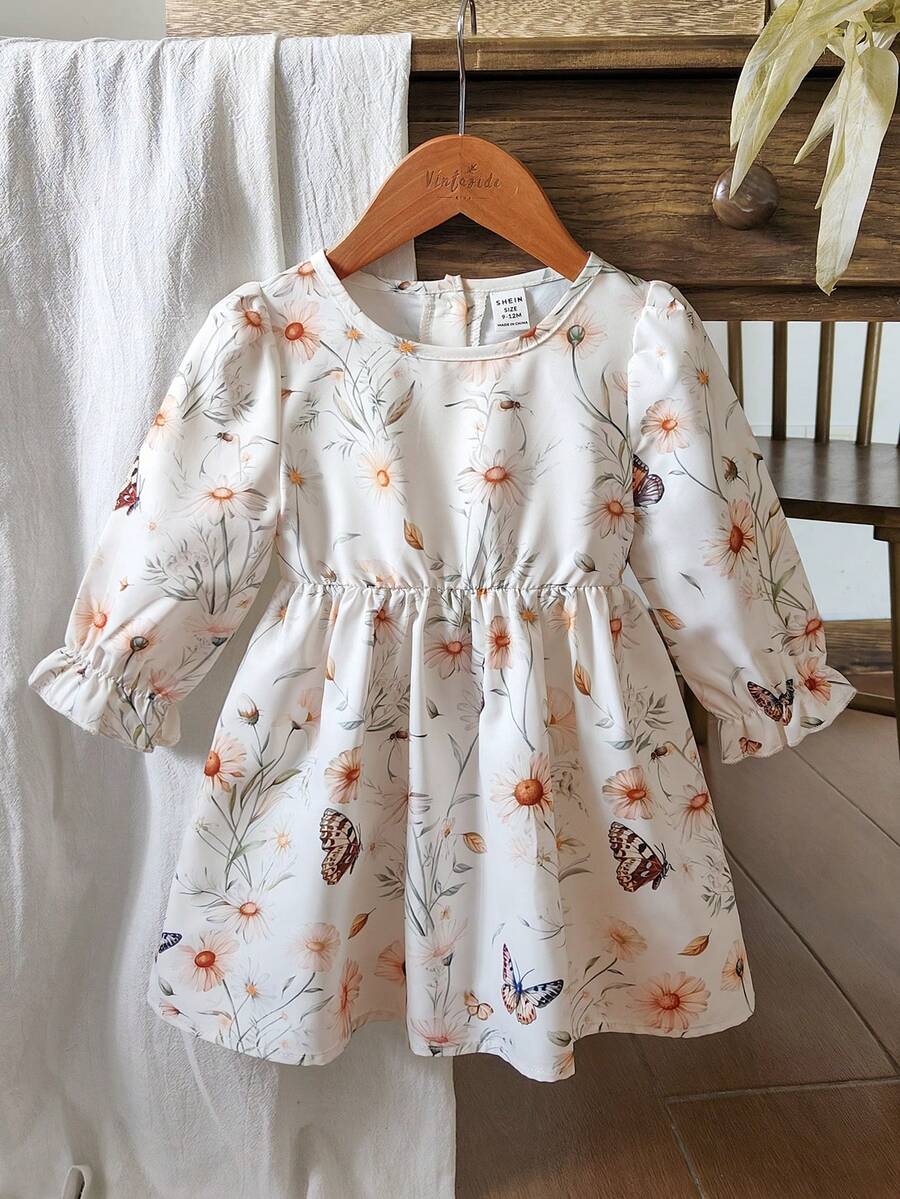 Vintaside Kids Baby Girl 3D Bow, Floral Printed Long Sleeve Dress, Autumn Clothing For Baby Girl, Baby Girl's Outdoor Wear, Country Style, Layered, Versatile, 3 Months To 3 Years Old Girl Clothing - Multicolor - View 1