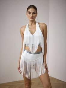 Menodora SHEIN Sport Ensemble de tenue de danse pour femmes avec Top à col ras-du-cou et short-jupe à franges bicolores - Argent - Voir 4