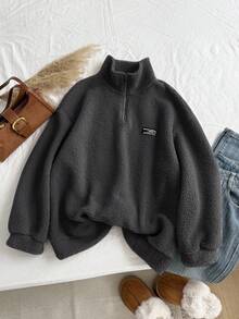 Comfortcana بلوزة شيربا كاجوال متعددة الاستخدامات مقاس كبير، خريف/شتاء - رمادي غامق - مشاهدة 1