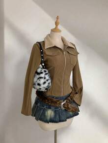 Elamini Áo khoác dài tay ôm sát cổ lông giả vải nhung kẻ vá thông thường dành cho nữ, mùa thu/đông - Màu Khaki - Xem 4