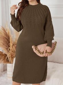 Lacomfia Gaun Rajut Elegan Wanita Ukuran Besar dengan Motif Kabel, Leher Bulat, Lengan Raglan, Lengan Panjang, Musim Gugur/Musim Dingin - Coffee Brown - View 4