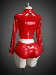 SHEIN ICON Women's Halloween COS Contrast Color Cropped Jacket And Shorts Set, Christmas - Red - View 14