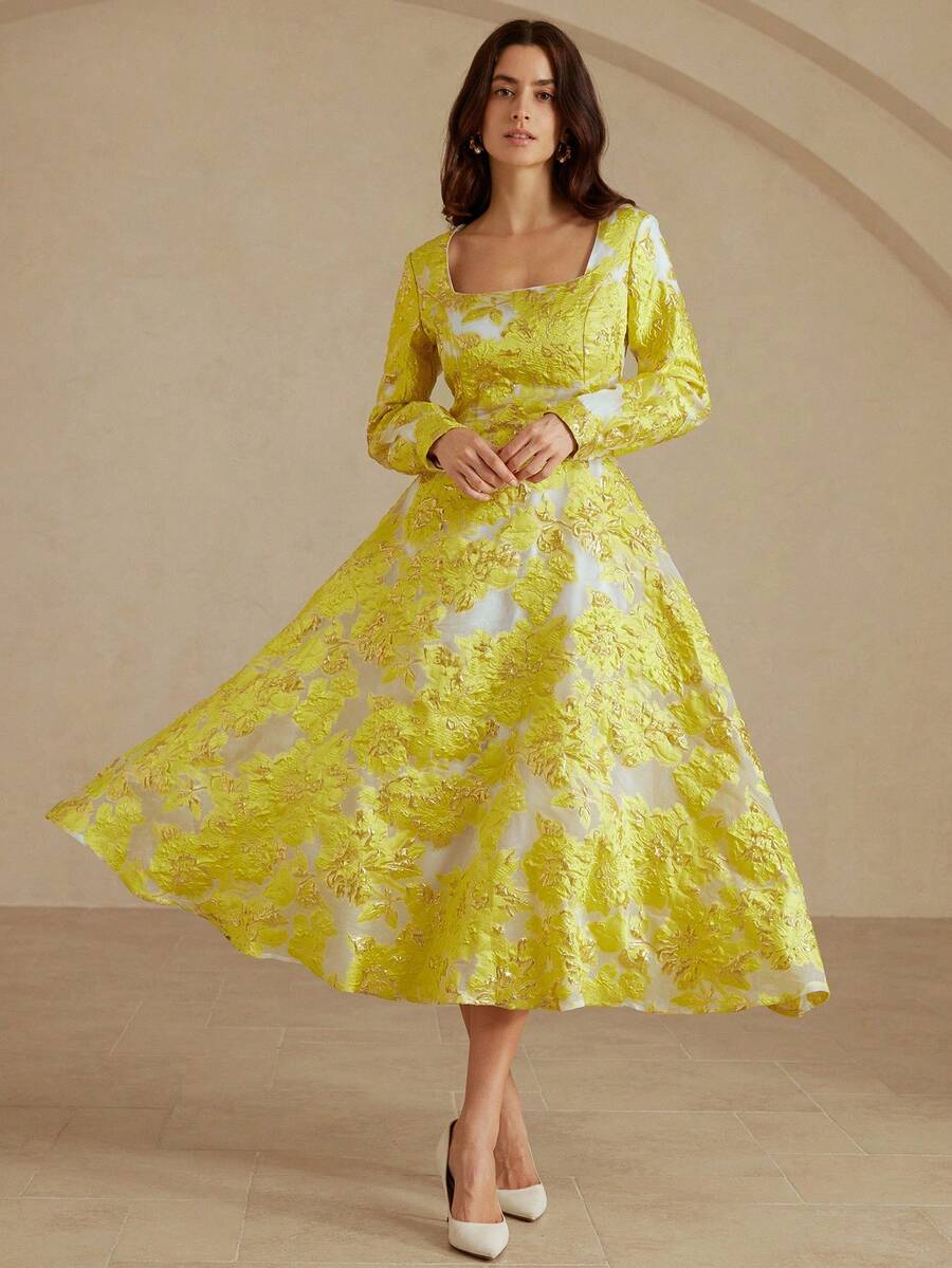 Aveloria Rosie Robe élégante à col trapèze avec imprimé floral métallique, robe ajustée à la taille avec ourlet évasé, robe de soirée romantique et sophistiquée à manches longues - Jaune citron - Voir 1