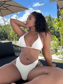 Alexandranx Bộ bikini dây buộc cổ màu trơn dành cho nữ Bộ bikini gợi cảm đi biển mùa hè - trắng - Xem 4