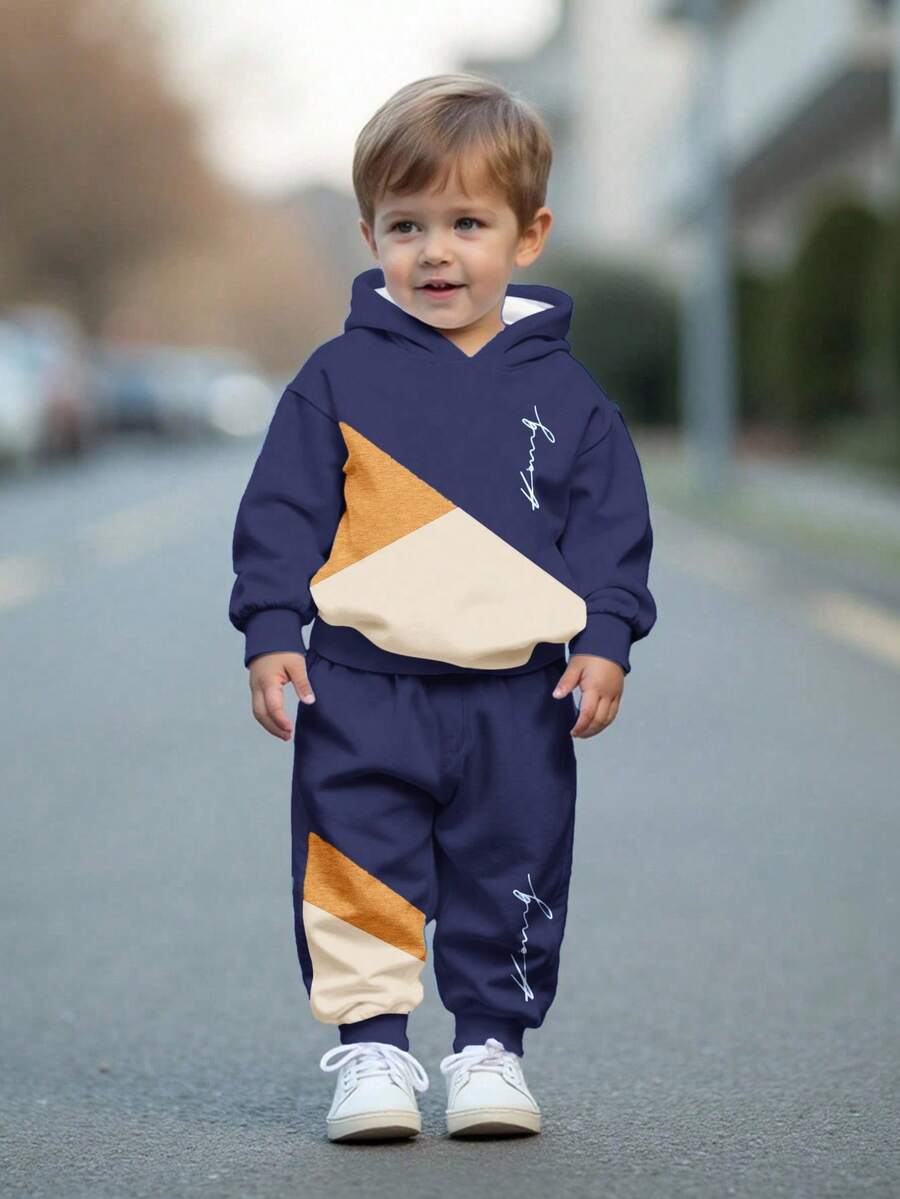 2pcs/Set Young Boys Casual Stylish Color Block Cartoon Sports Style Loose Fit Pullover Hoodie Sweatshirt Set, Suitable For Autumn/Winter - Multicolor - View 1
