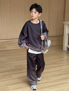 SHEIN Set de 2 piezas de sudadera y pantalón de chándal con efecto degradado para niño preadolescente, adecuado para ir y venir, la escuela, uso casual diario, deportes, otoño/invierno - Negro - Ver 8