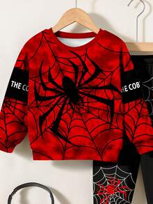 SHEIN 2 件套年轻男童休闲时尚蜘蛛与英文字母可爱卡通扎染 Y2K 保暖运动衫套装，适合夏季 - 彩色 - 查看 4