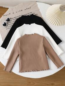 SHEIN LMoss Kids Bộ 3 áo thun cổ bẻ màu trơn LMoss Young Girl ấm áp thường ngày, mùa thu/đông, thích hợp mặc thường ngày & mặc đi học - Màu Khaki - Xem 2