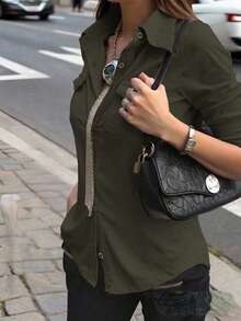 INAWLY Women's Khaki Long Sleeve Cinched Waist Utility Shirt, Casual Outdoor Commute, Autumn - Dark Green - View 5