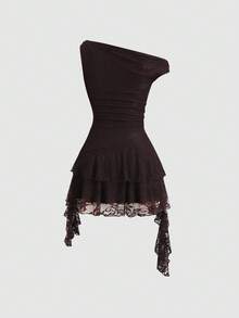 Sweetra New Design Asymmetric Lace Dress For Women - Brown - View 2