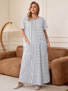 Rosumi Vestido largo con mangas de murciélago, estampado de rayas, con bolsillos, de corte holgado y cuello redondo, para mujer de talla grande, para primavera/verano - Blanco y Negro - Ver 5