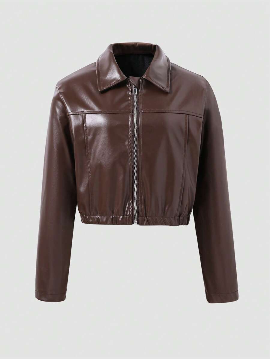 Tween Girls' PU Leather Jacket, Red Short Motorcycle Jacket, Street Fashiendy - Brown - View 1