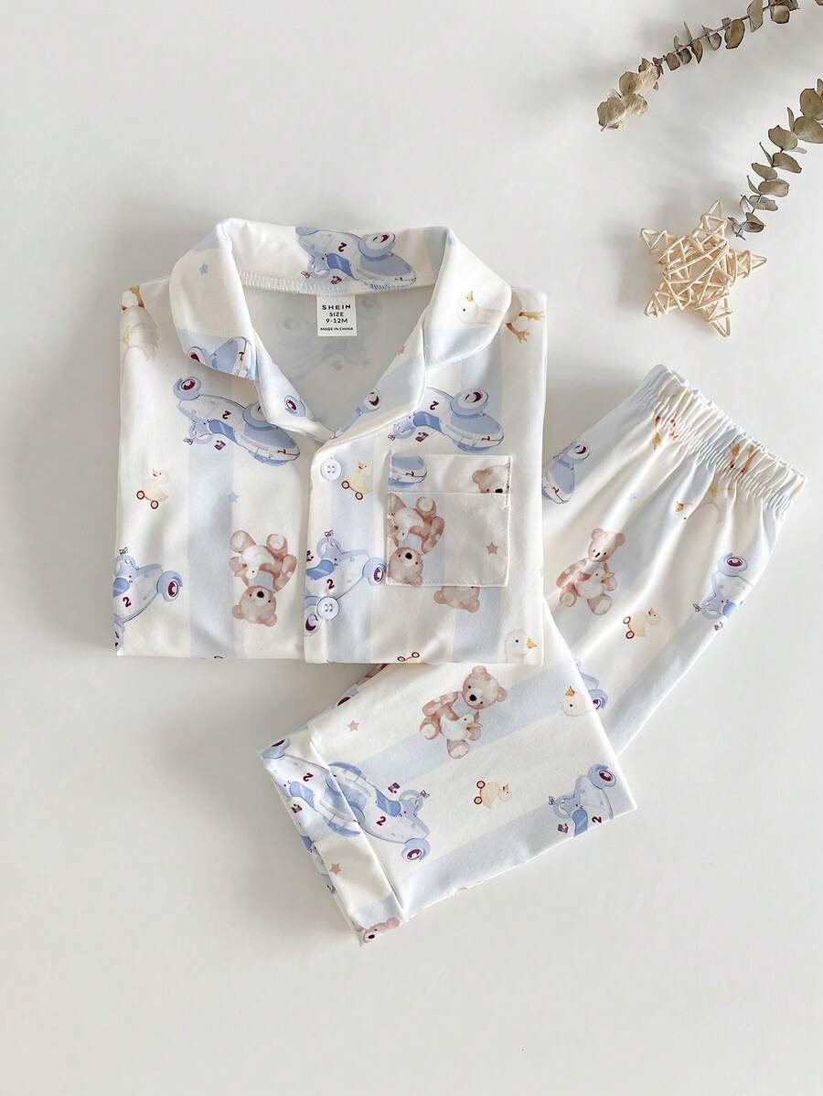 SHEIN 2 件套幼儿男童可爱玩具印花图案长袖上衣和裤子舒适睡衣套装 - 杏色 - 查看 1
