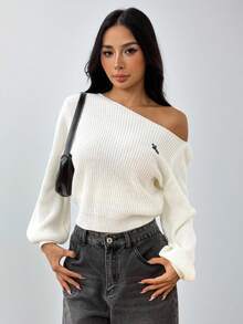 SHEIN PETITE Suéter de mujer con hombros en diagonal y costillas, manga larga, suéter con hombros descubiertos - Beis - Ver 13