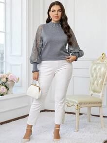 Modelyn Plus Size Pearl Decor Hollow Out Long Sleeve Pullover Sweater/Winter - Beige - View 6
