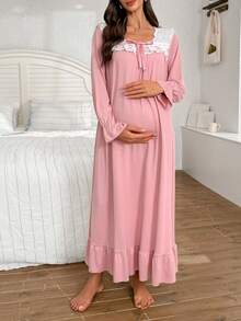 Moonlight&Mama 孕妇休闲刺绣蕾丝拼接方领长袖针织睡衣，冬季 - 藕粉色 - 查看 4