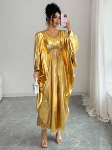 Rafferiza 女士优雅金属蝙蝠袖串珠装饰连衣裙 - 金色 - 查看 1