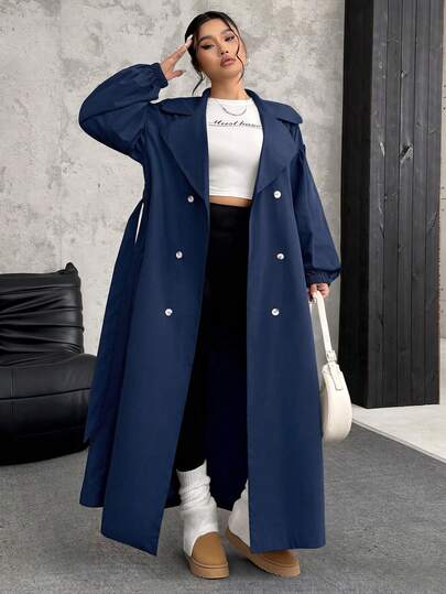 SHEIN EZwear Navy Blue Plus Size Women's Lapel Long Sleeve Khaki Long Windbreaker, Autumn/Winter