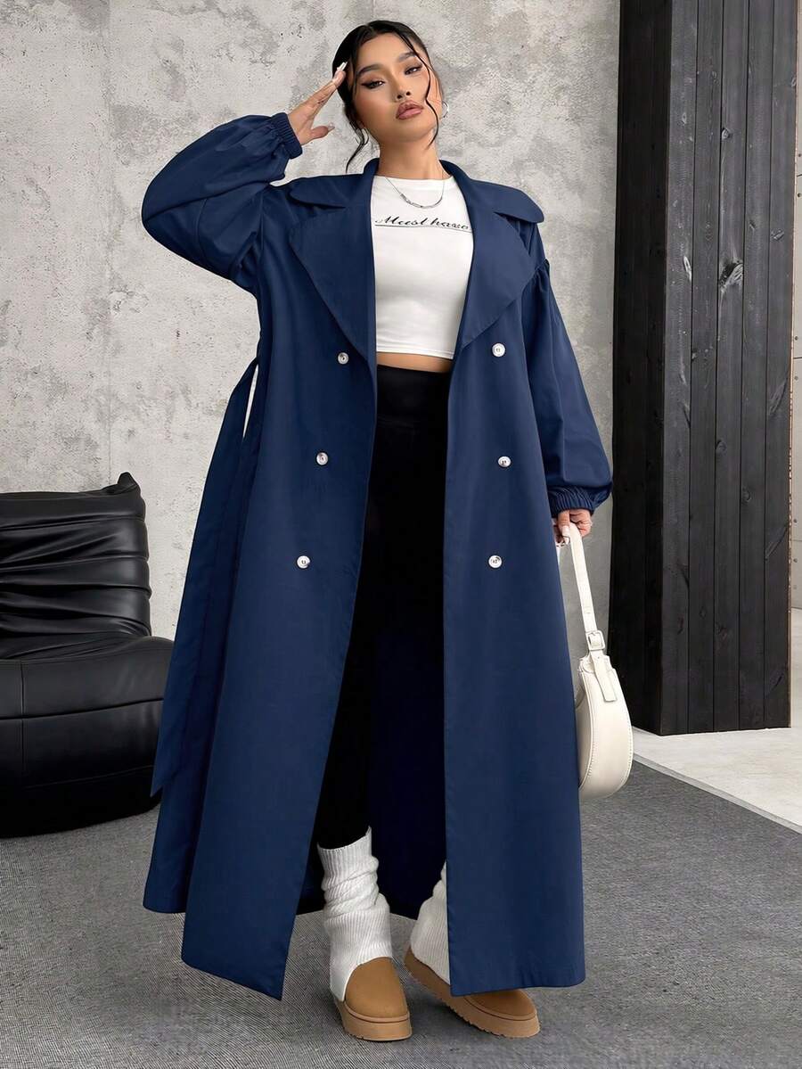 SHEIN EZwear 藏蓝色加大码女式翻领长袖长款风衣,适合秋冬季节、圣诞节、新年、感恩节、派对、婚礼、海滩、毕业典礼、时尚、优雅、休闲、外出、约会、预约、通勤等场合。 - 藏蓝色 - 查看 1