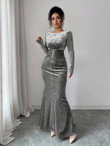 Elenzga Elegant Romantic Ruffle Hem Pearl Decor Velvet Bodycon Midi Dress With Round Neck And Long Sleeves For Women - Grey - View 5
