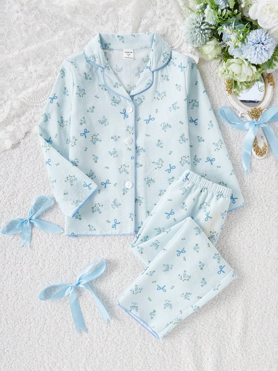 2pcs Girls Spring/Autumn Comfortable & Fashionable Cardigan Long Sleeve Top And Pants Homewear Set - Baby Blue - View 1