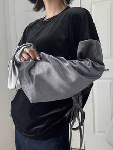 FRIFUL Women's Color Block Round Neck Drop Shoulder Long Sleeve Side Slit Drawstring Pleated Loose Casual Versatile T-Shirt, Autumn/Winter - Black - View 3