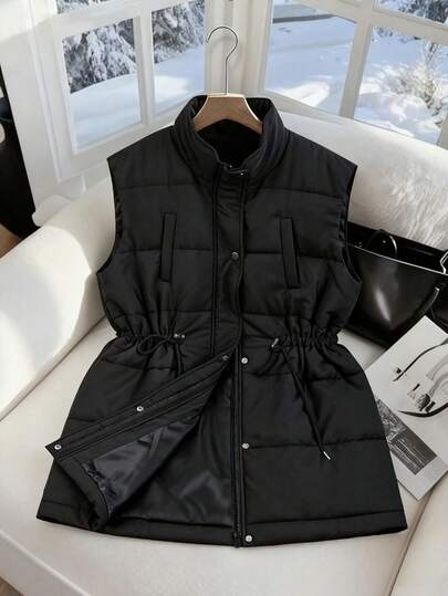 Franclia 大码立领拉链无袖修身夹棉大衣