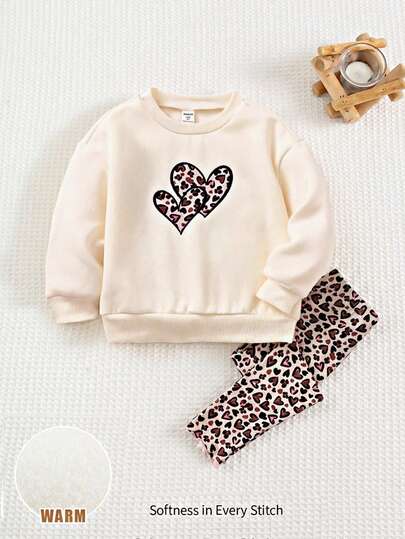 Cozy Pixies 2 件套年轻女孩豹纹蝴蝶结装饰圆领长袖运动衫和纯色松紧腰裤，秋冬