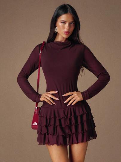 BAE Bordeaux Elegante Bodycon Mini Dress Layered Ruffle Hem, Date Night, Clubbing, Birthday Cocktail view 4