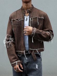 Manfinity EMRG Men's Casual Fashion Street Stand Collar Distressed Fringe Zip-Up Denim Long Sleeve Jacket, Spring/Autumn Slim Fit Frayed Hem Party Urban Washed Denim Jacket For Boyfriend & Husband - Coffee Brown - View 6