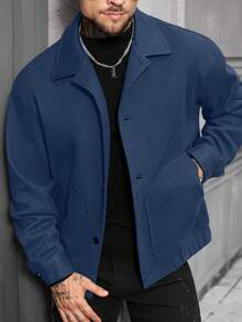 Manfinity Homme Men's Solid Color Long Sleeve Single-Breasted Casual Loose Jacket, Autumn/Winter - Navy Blue - View 5