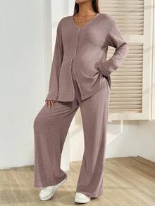 SHEIN 两件套孕妇休闲纯色上衣和裤子套装