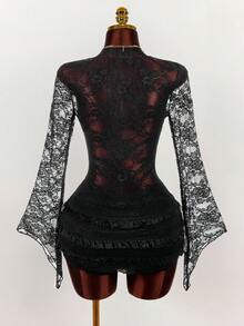 Amplova Women's Lace Long Sleeve Two Pieces Set, Sexy & Avant-Garde Sheer Lace Long Sleeve Coverup With Multi-Layer Cake Skirt, Super Short And Ultra Low Waist Mini Skirt Black See Through Two Pieces Set - Black - View 10