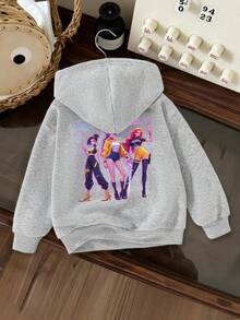 Young Girls' Casual Fashionable K-POP Girl Cartoon Letter Print Kangaroo Pocket Sweatshirt, Suitable For Outings In Autumn/Winter